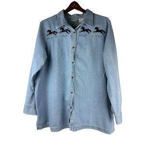 VTG Western Denim Button-Up Long Sleeve Shirt,Embroidered Black Horses, Women 3X